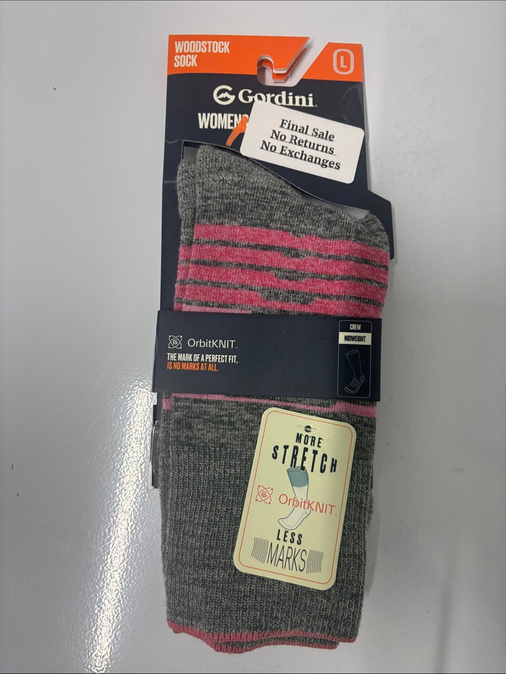 Gordini Women's Woodstock midweight crew sock gray pink size large NWT